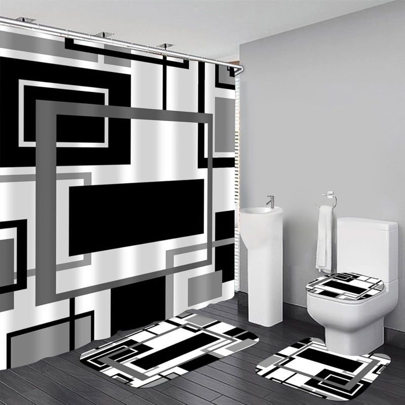 Yddsky 4 Pcs Black Geometric Shower Curtain Sets Non-Slip Bath Rugs  Toilet Cover  U-Shaped Mat  Abstract Geometric Modern Shower Curtain with 12 Hooks - Image 1